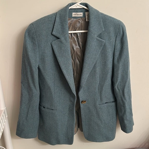 Ann Taylor Sz 4 Houndstooth Blue Wool Jacket Blazer - Picture 6 of 6